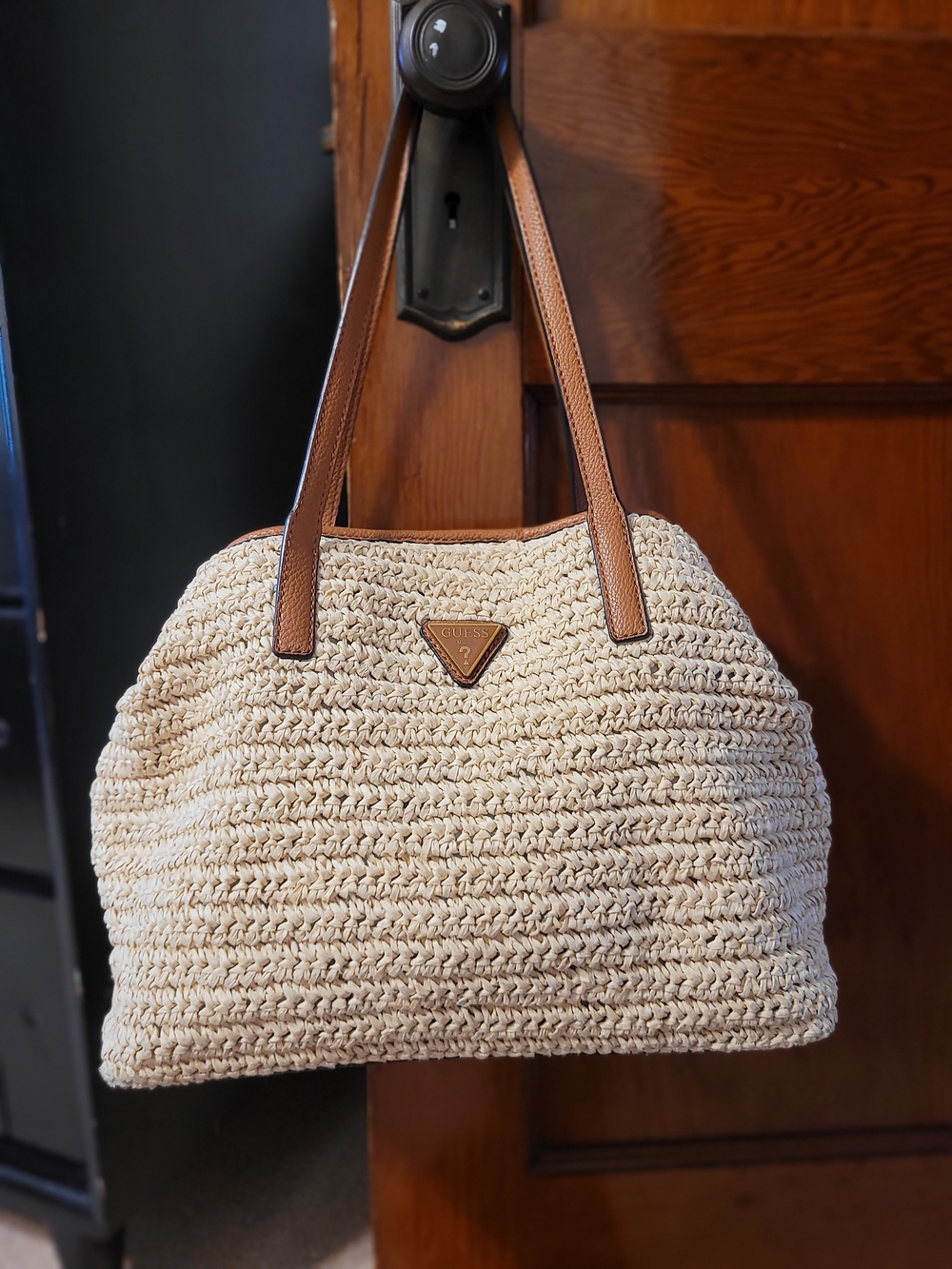 Guess Straw Shoulder Bag with Brown Leather Handles - Cream